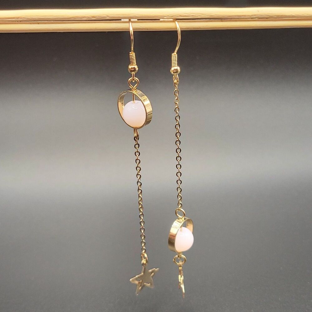 Celestial Long Dangle Women Gold Alloy Faux Pink Pearl Star Earrings Jewelry